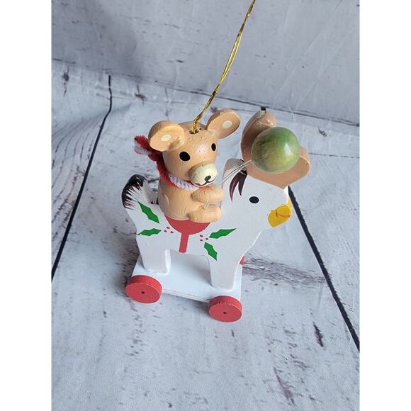Vtg Wood Christmas Ornament Bear Balloon on Reindeer Toy 4" Decoration - Picture 2 of 4